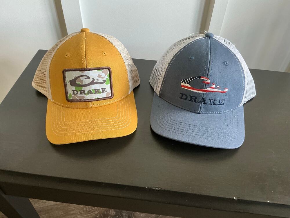 Lot of 2 NWT Drake Waterfowl Mesh Trucker Hats Old School Patch & Americana Flag
